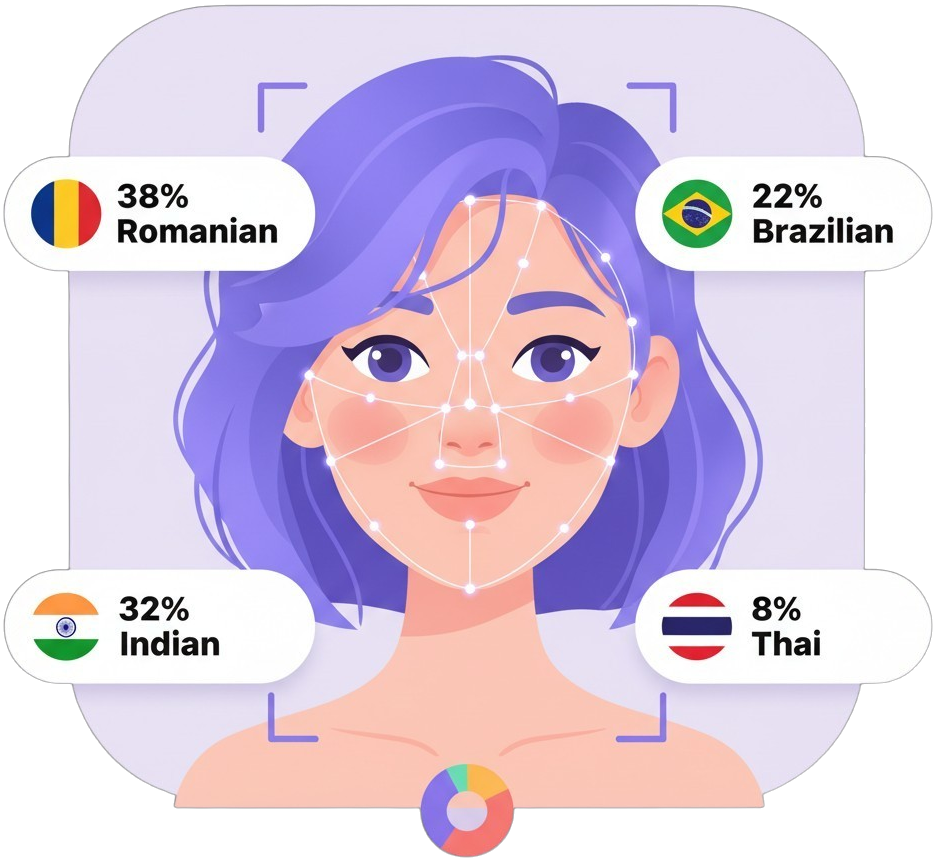 A face being scanned, with a heritage breakdown and country flags